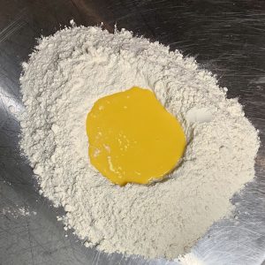 Yellow liquid on the flour.
